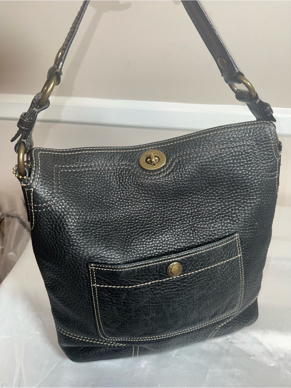 Coach Black Pebbled Leather Shoulder Bag with Brass Hardware